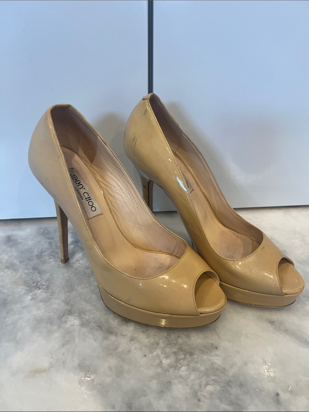 Jimmy Choo Beige Patent Leather Peep-Toe Platform Pumps